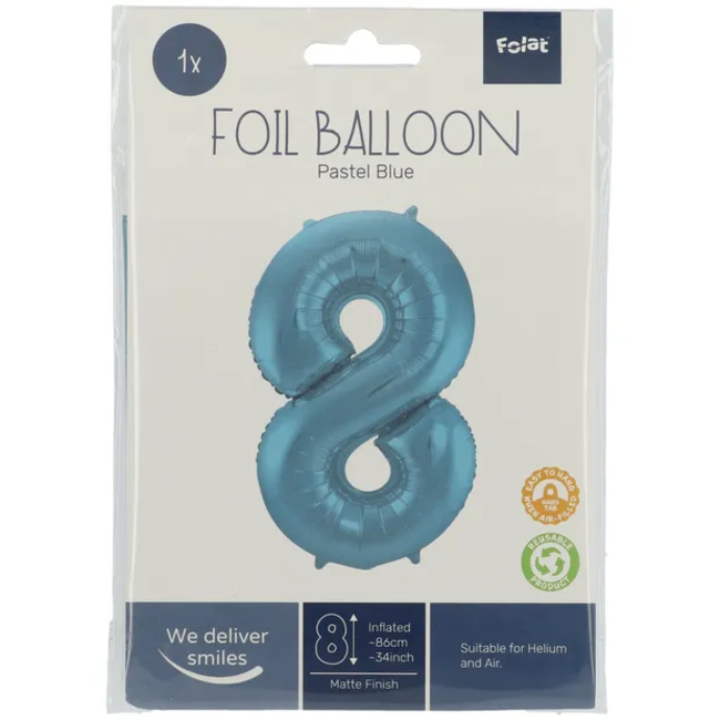 Folieballon Cijfer 8 Pastel Blauw Metallic Mat - 86 cm