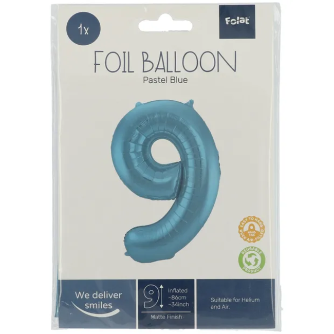 Folieballon Cijfer 9 Pastel Blauw Metallic Mat - 86 cm