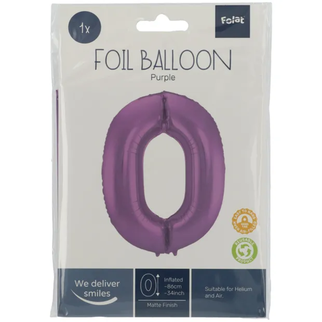 Folieballon Cijfer 0 Paars Metallic Mat - 86 cm