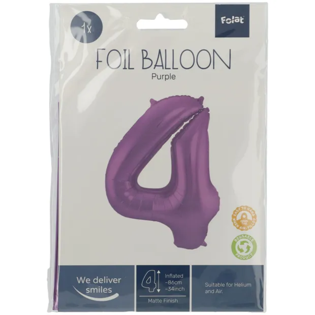 Folieballon Cijfer 4 Paars Metallic Mat - 86 cm