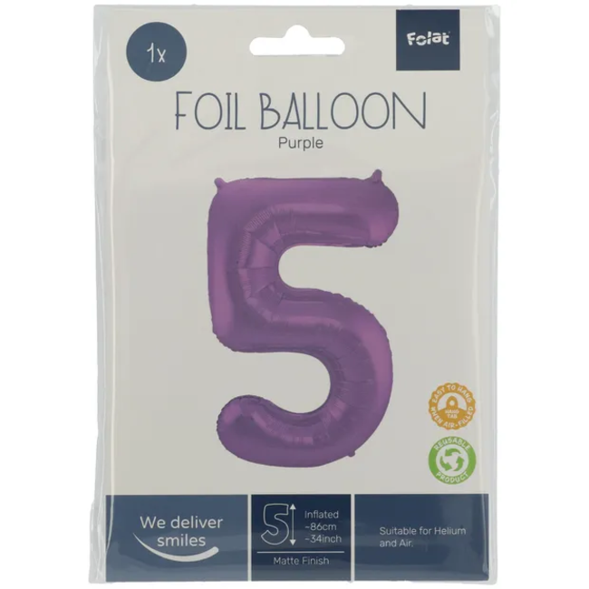 Folieballon Cijfer 5 Paars Metallic Mat - 86 cm