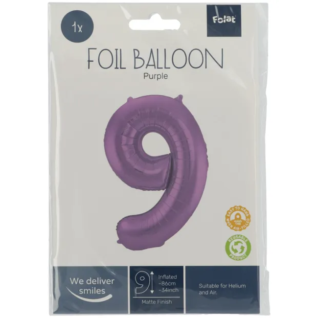 Folieballon Cijfer 9 Paars Metallic Mat - 86 cm