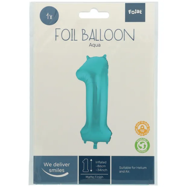 Folieballon Cijfer 1 Pastel Aqua Metallic Mat - 86 cm