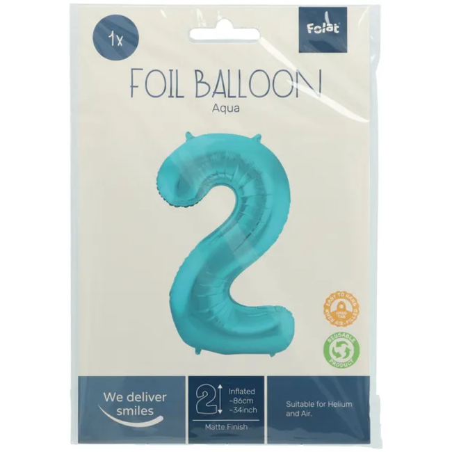 Folieballon Cijfer 2 Pastel Aqua Metallic Mat - 86 cm