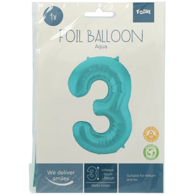 Folieballon Cijfer 3 Pastel Aqua Metallic Mat - 86 cm