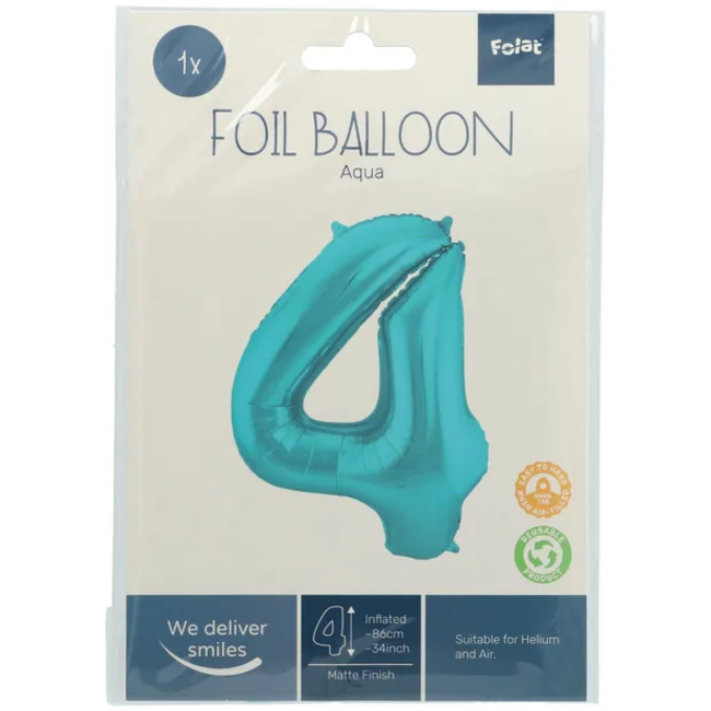 Folieballon Cijfer 4 Pastel Aqua Metallic Mat - 86 cm