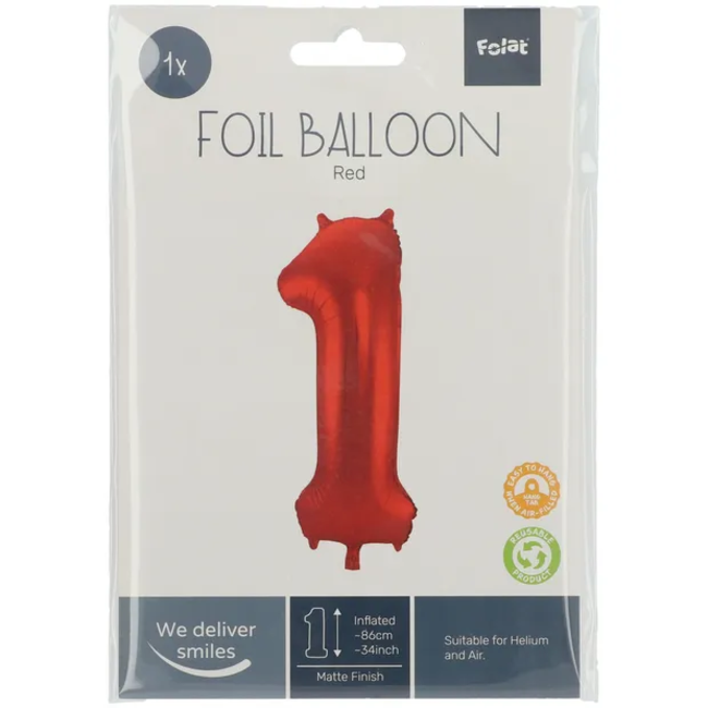 Folieballon Cijfer 1 Rood Metallic Mat - 86 cm