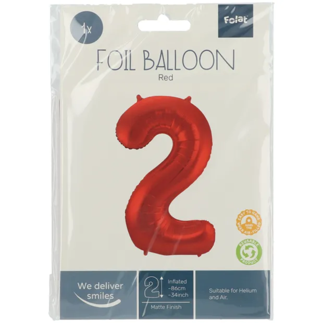Folieballon Cijfer 2 Rood Metallic Mat - 86 cm