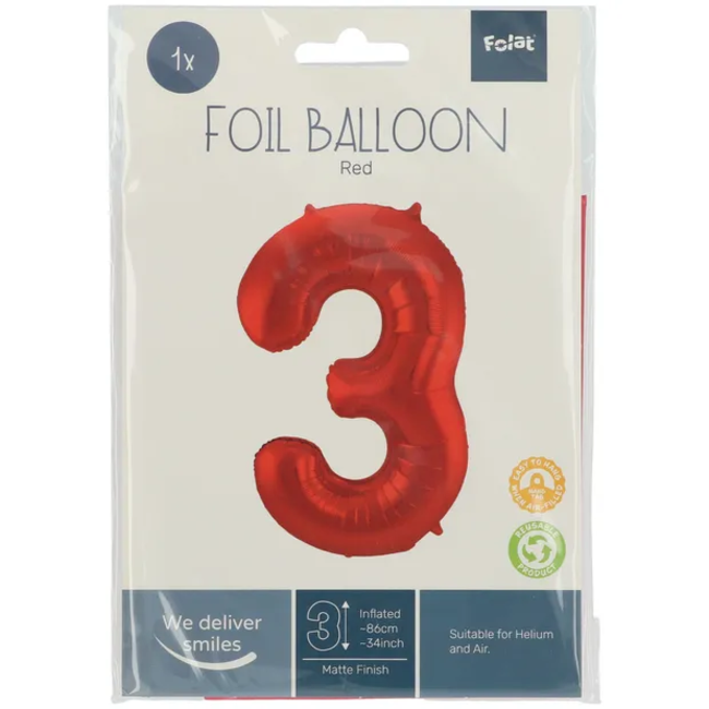 Folieballon Cijfer 3 Rood Metallic Mat - 86 cm