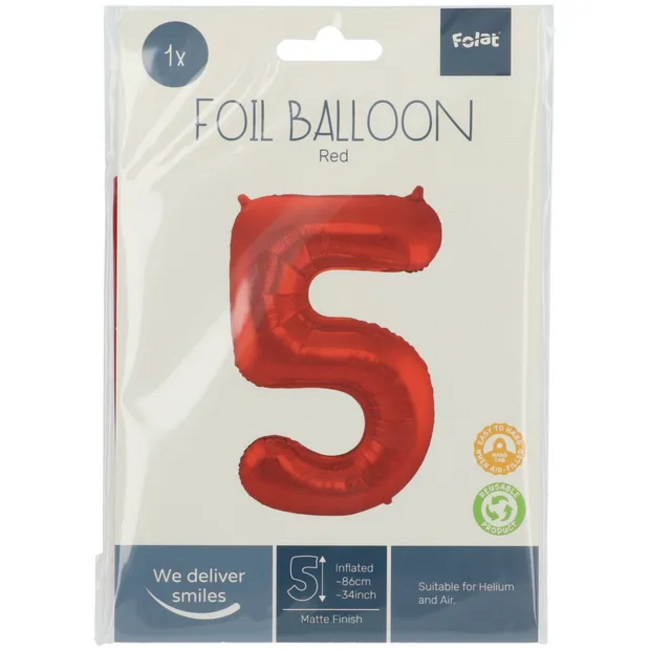 Folieballon Cijfer 5 Rood Metallic Mat - 86 cm