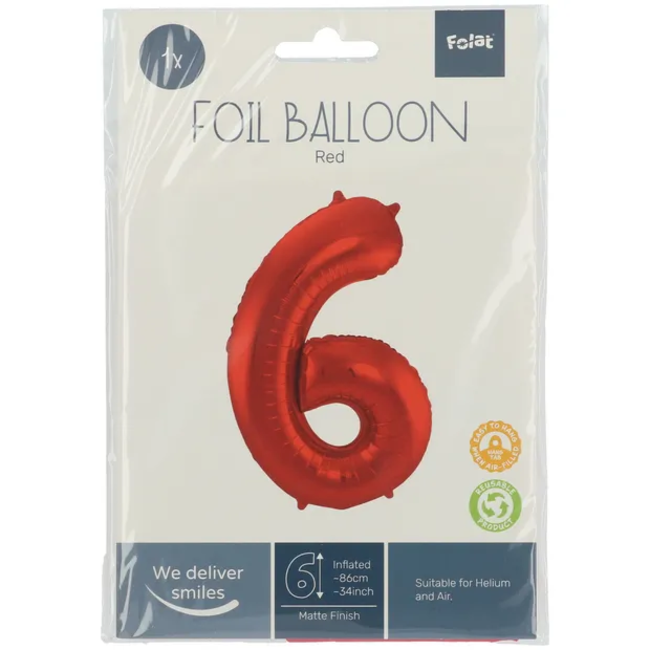 Folieballon Cijfer 6 Rood Metallic Mat - 86 cm
