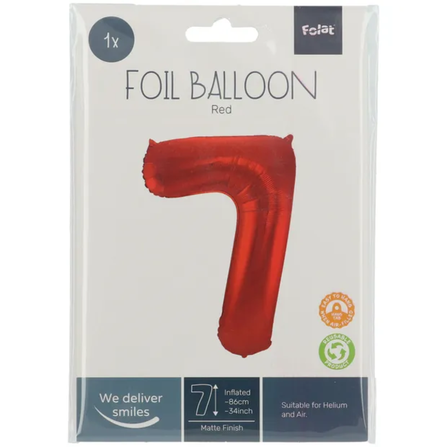 Folieballon Cijfer 7 Rood Metallic Mat - 86 cm