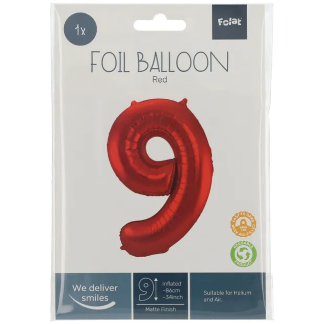 Folieballon Cijfer 9 Rood Metallic Mat - 86 cm