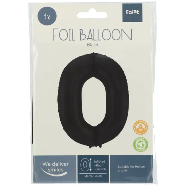 Folieballon Cijfer 0 Zwart Metallic Mat - 86 cm