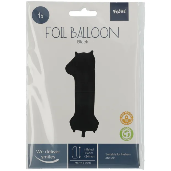 Folieballon Cijfer 1 Zwart Metallic Mat - 86 cm