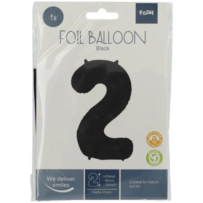 Folieballon Cijfer 2 Zwart Metallic Mat - 86 cm