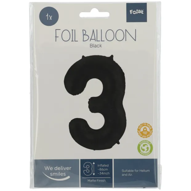 Folieballon Cijfer 3 Zwart Metallic Mat - 86 cm