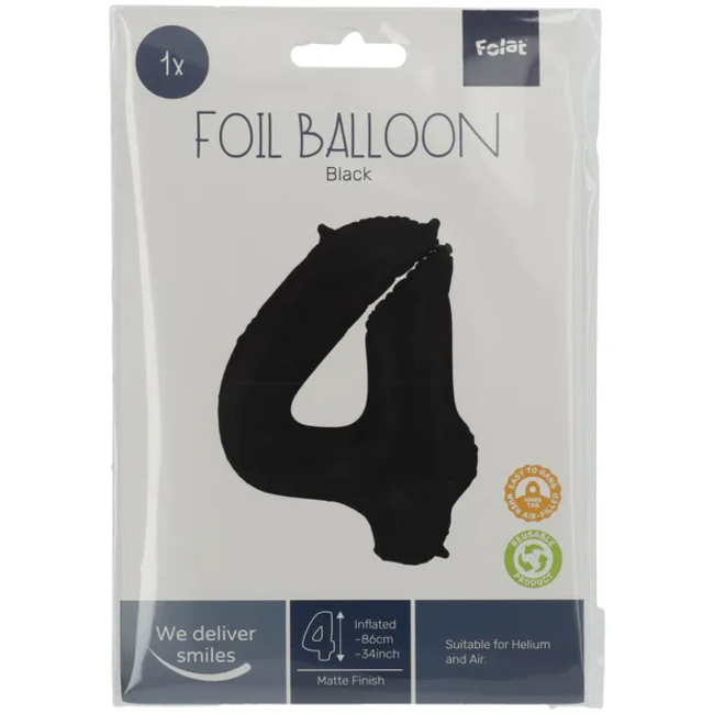 Folieballon Cijfer 4 Zwart Metallic Mat - 86 cm