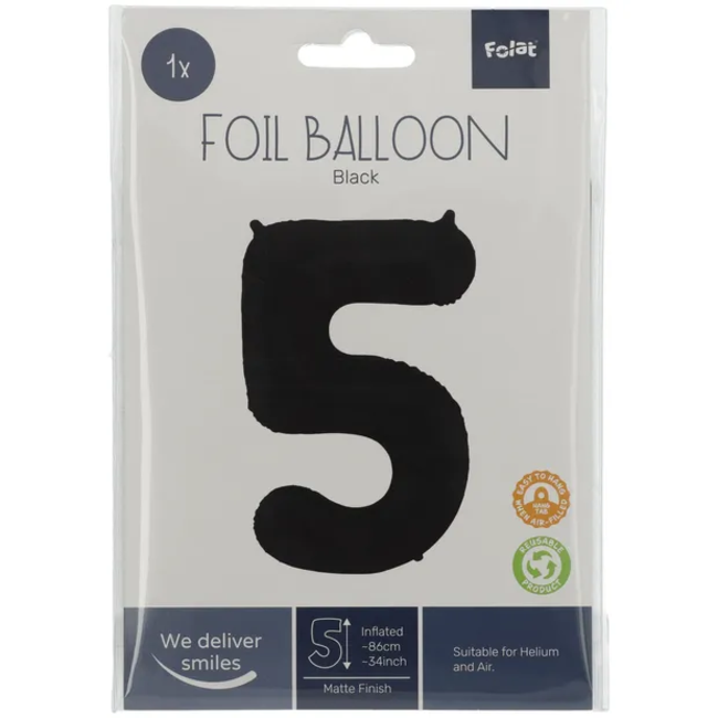 Folieballon Cijfer 5 Zwart Metallic Mat - 86 cm