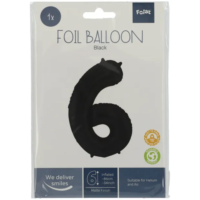 Folieballon Cijfer 6 Zwart Metallic Mat - 86 cm