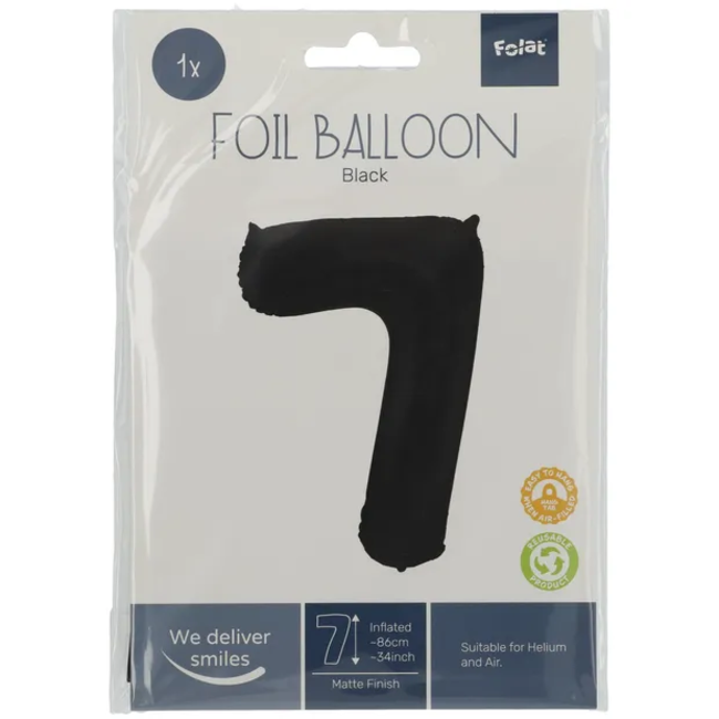 Folieballon Cijfer 7 Zwart Metallic Mat - 86 cm