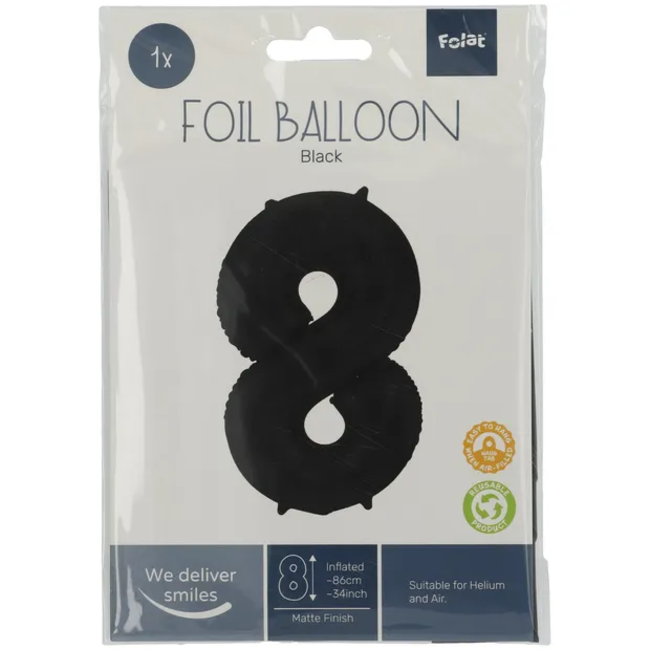 Folieballon Cijfer 8 Zwart Metallic Mat - 86 cm