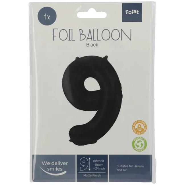 Folieballon Cijfer 9 Zwart Metallic Mat - 86 cm