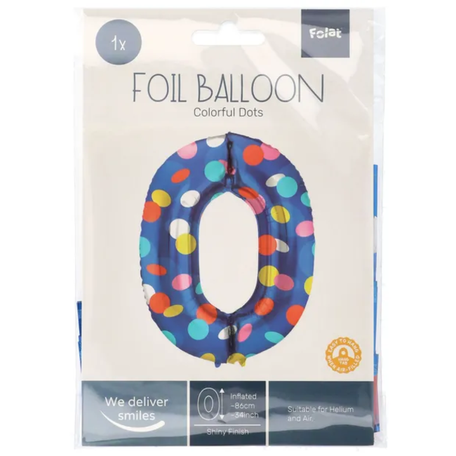 Folieballon Cijfer 0 Colorful Dots - 86 cm