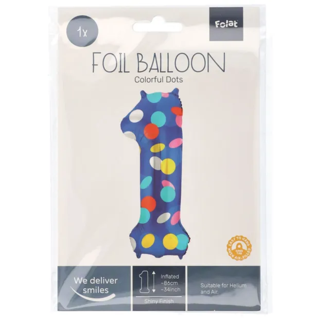 Folieballon Cijfer 1 Colorful Dots - 86 cm