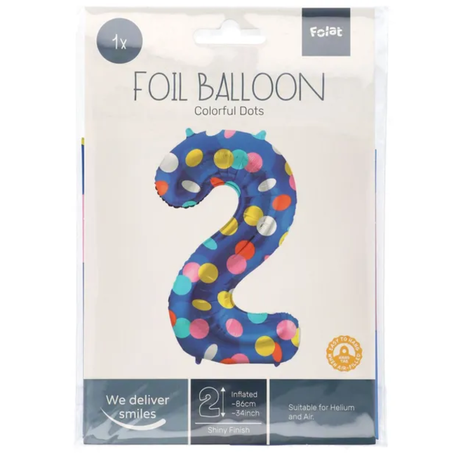 Folieballon Cijfer 2 Colorful Dots - 86 cm