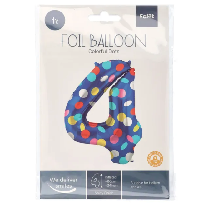 Folieballon Cijfer 4 Colorful Dots - 86 cm