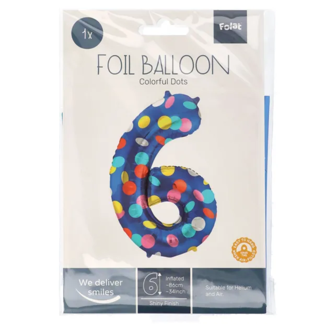 Folieballon Cijfer 6 Colorful Dots - 86 cm