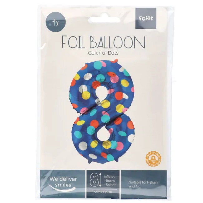 Folieballon Cijfer 8 Colorful Dots - 86 cm