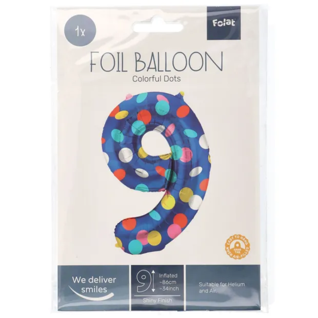 Folieballon Cijfer 9 Colorful Dots - 86 cm