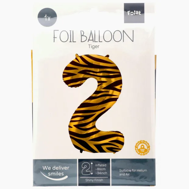 Folieballon Cijfer 2 Tiger Chic - 86 cm