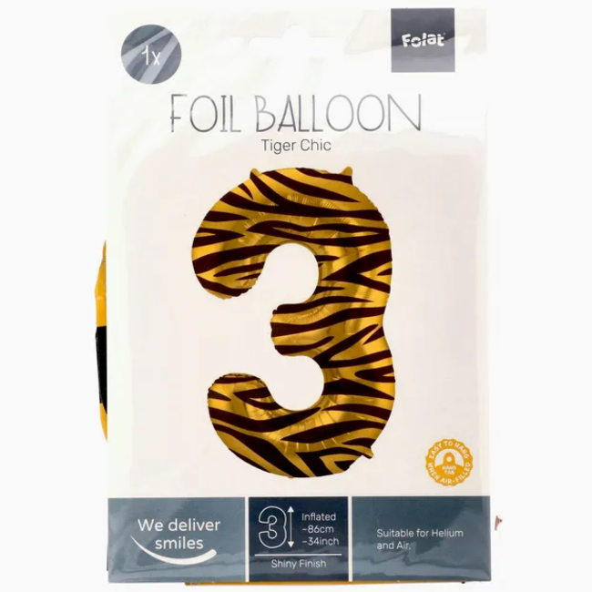 Folieballon Cijfer 3 Tiger Chic - 86 cm