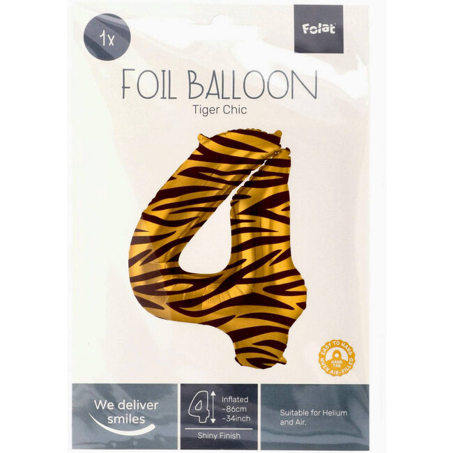 Folieballon Cijfer 4 Tiger Chic - 86 cm