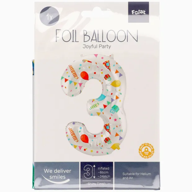 Folieballon Cijfer 3 Joyful Party - 86 cm