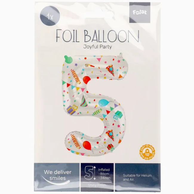 Folieballon Cijfer 5 Joyful Party - 86 cm