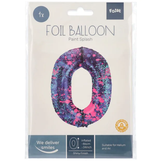 Folieballon Cijfer 0 Paint Splash - 86 cm