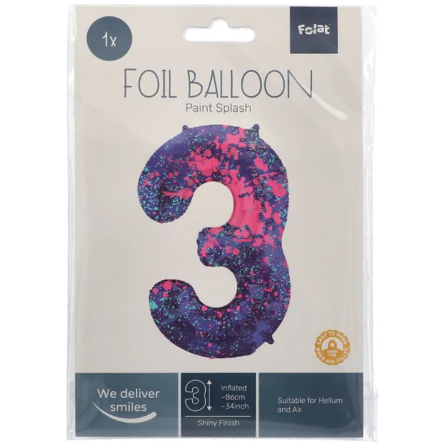 Folieballon Cijfer 3 Paint Splash - 86 cm
