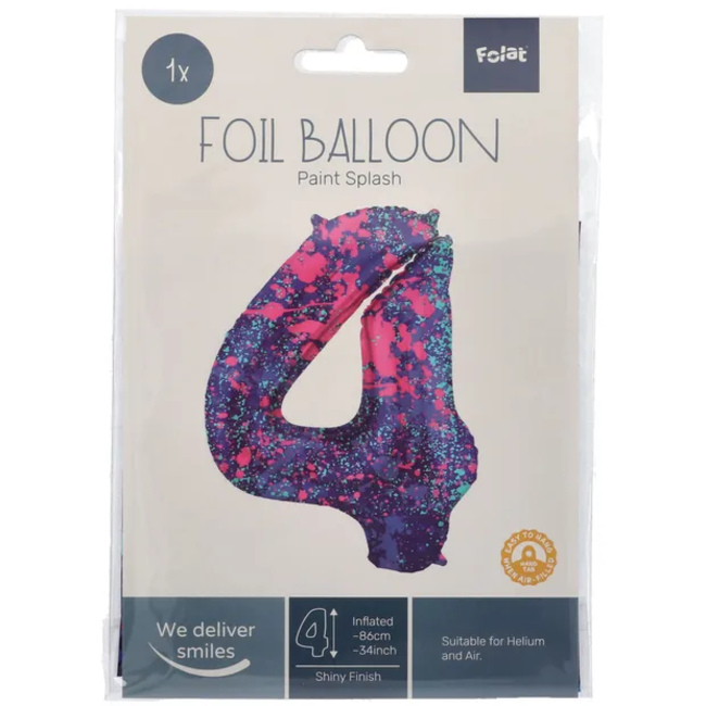 Folieballon Cijfer 4 Paint Splash - 86 cm