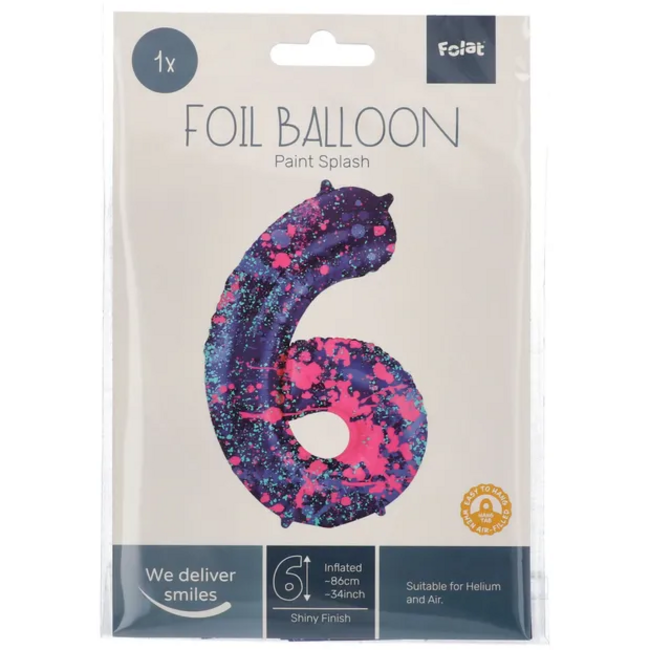 Folieballon Cijfer 6 Paint Splash - 86 cm