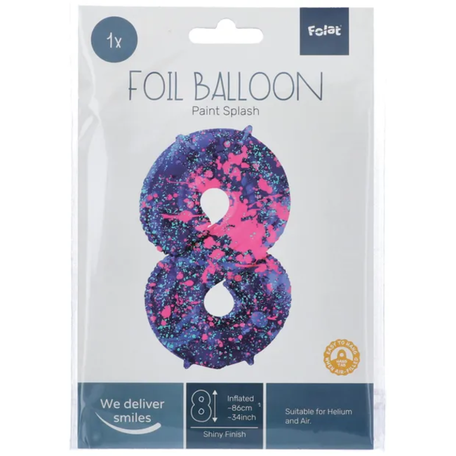 Folieballon Cijfer 8 Paint Splash - 86 cm