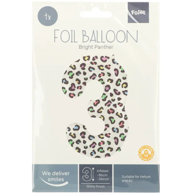 Folieballon Cijfer 3 Bright Panther - 86 cm