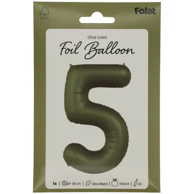 Folieballon Cijfer 5 - Olive Green - Ultra Matt - 86 cm