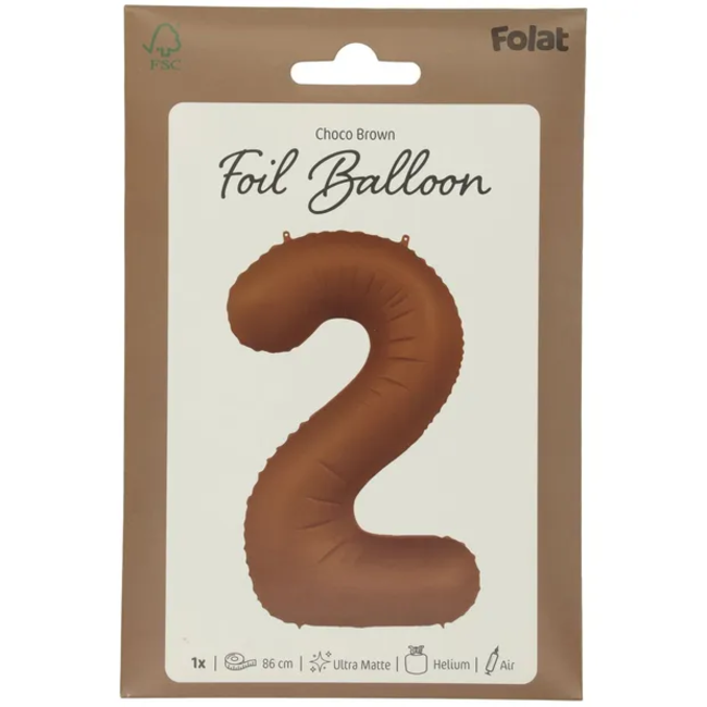 Folieballon Cijfer 2 - Chocolate Brown - Ultra Matt - 86 cm