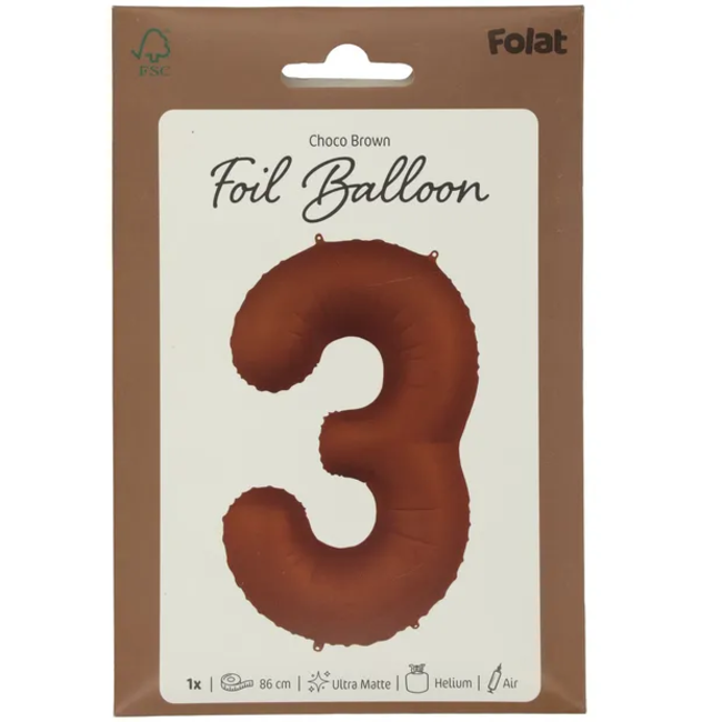 Folieballon Cijfer 3 - Chocolate Brown - Ultra Matt - 86 cm