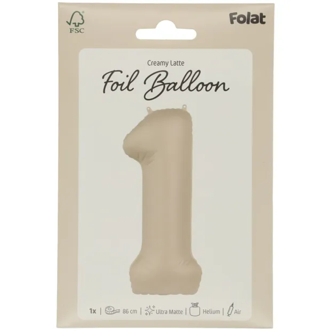 Folieballon Cijfer 1 - Creamy Latte - Ultra Matt - 86 cm
