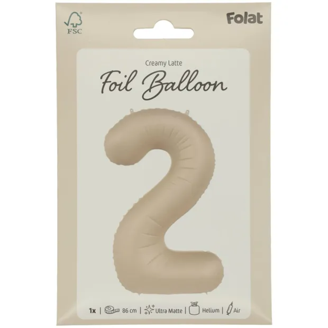 Folieballon Cijfer 2 - Creamy Latte - Ultra Matt - 86 cm